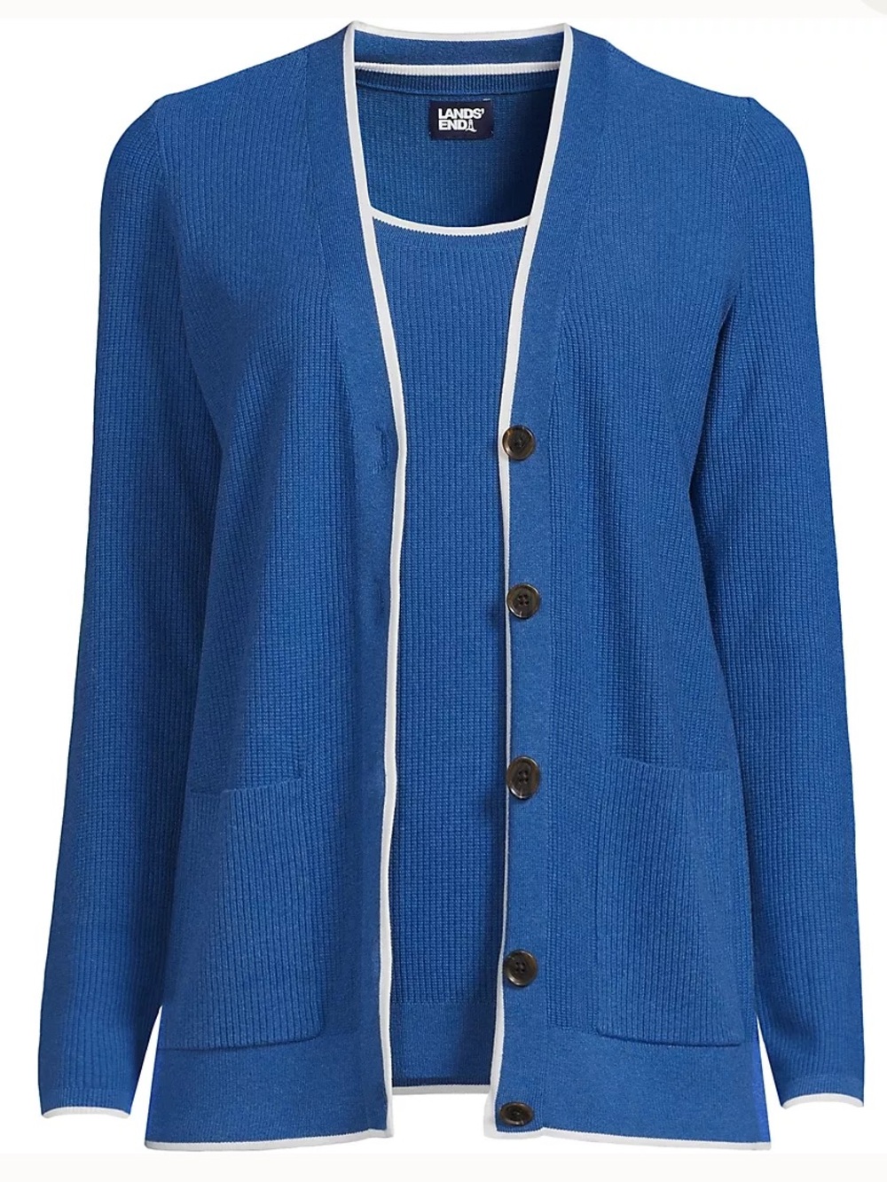 Lands' End Fine Gauge Cotton Royal Blue Cardigan with Ivory Trim Preppy Classic